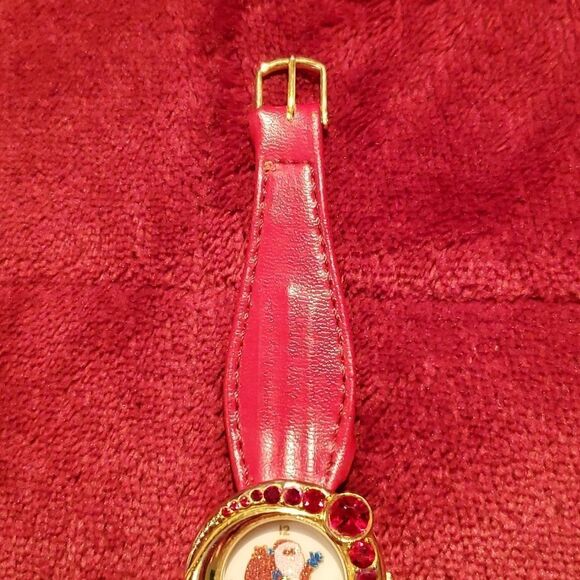 Santa Claus Christmas Rubies Red‎ Crystals Leather Band Gold Tone Sparkle Watch - Picture 3 of 10